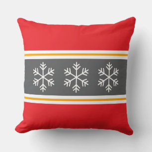 Nordic Bright Red Grey Stripes White Snowflakes Cushion