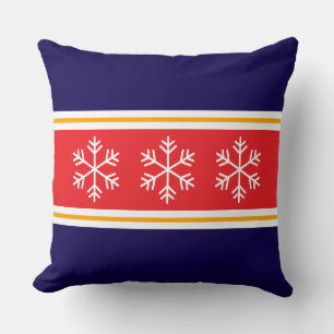 Nordic Bright Red Navy Blue Stripes Snowflakes Cushion