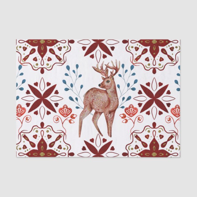 Nordic Brown Deer Watercolor Folk Art  Tissue Paper (Front)