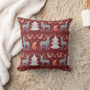Nordic Burgundy Red Reindeer Christmas Tree Floral Cushion