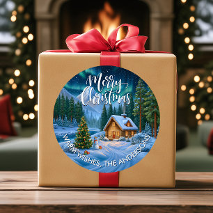 Nordic Cabin Snowman Merry Christmas Custom Gift Classic Round Sticker