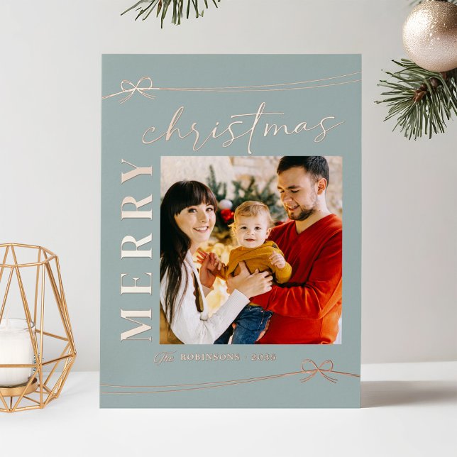 Nordic Calm Soft Blue Rose Gold Christmas Photo Foil Holiday Card (Creator Uploaded)
