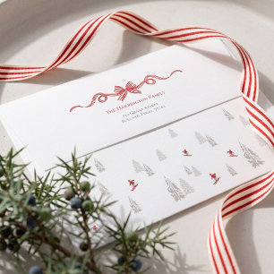 Nordic Christmas Alpine Skiers Red Watercolor Bow Envelope