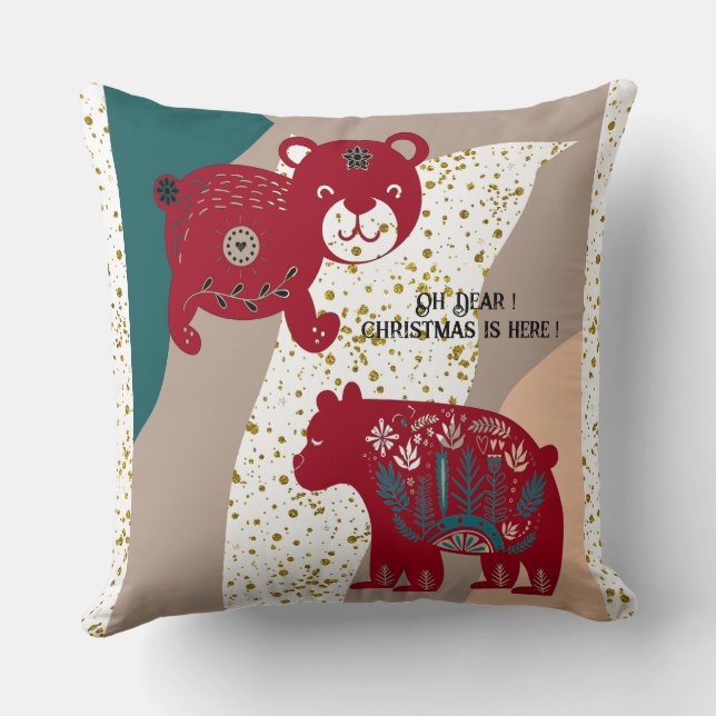 Nordic Christmas Bear Cat Snow Boho Bohemian Art Cushion (Back)