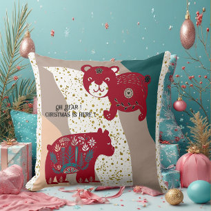 Nordic Christmas Bear Cat Snow Boho Bohemian Art Cushion