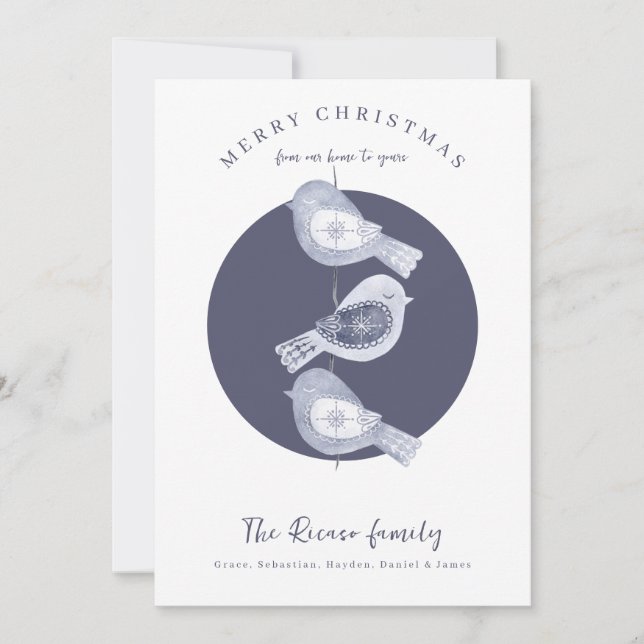 Nordic Christmas Blue Birds Photo Holiday Card (Front)