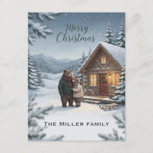 Nordic Christmas Cosy Bears Cabin Custom Family Holiday Postcard