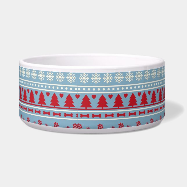 Nordic Christmas Dog Bowl – Knit Snowflakes, Paws (Front)