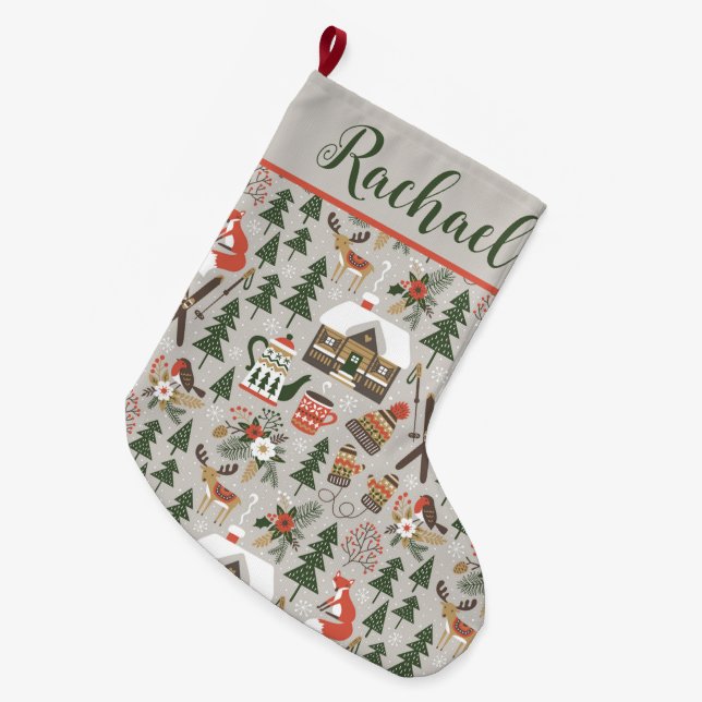 Nordic Christmas Elements with Name Large Christmas Stocking (Front (Hanging))