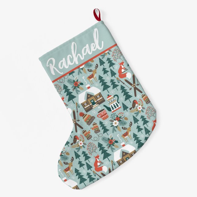 Nordic Christmas Elements with Name Large Christmas Stocking (Back (Hanging))