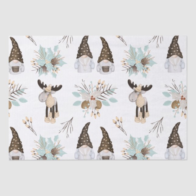 Nordic Christmas Holiday Festive Gnomes and Moose Tissue Paper (Front)