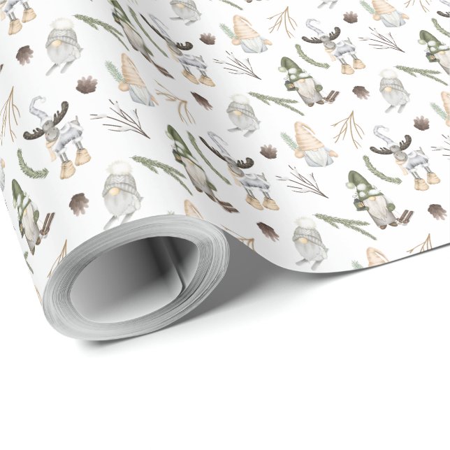 Nordic Christmas Holiday Festive Gnomes and Moose  Wrapping Paper (Roll Corner)
