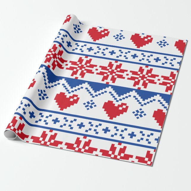 Nordic Christmas in Red & Blue Wrapping Paper (Unrolled)