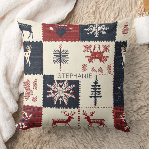 Nordic Christmas Knit   Reindeer & Snowflakes Cushion