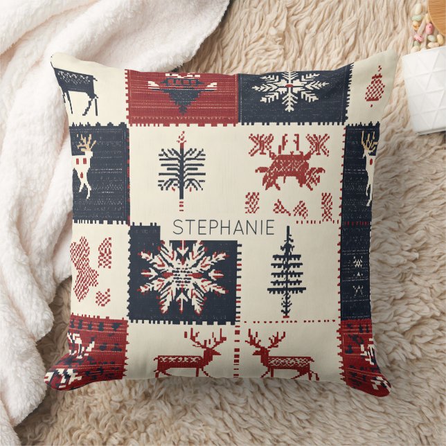 Nordic Christmas Knit | Reindeer & Snowflakes Cushion (Blanket)