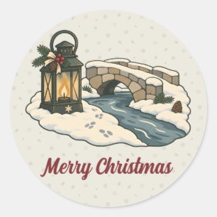Nordic Christmas Lantern by a Snowy Stone Bridge Classic Round Sticker
