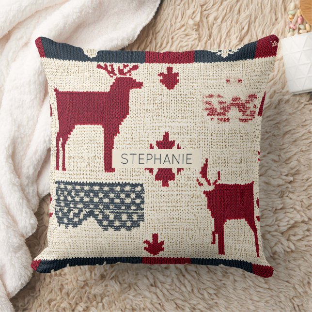 Nordic Christmas Patchwork | Knitted Reindeer (2) Cushion (Blanket)