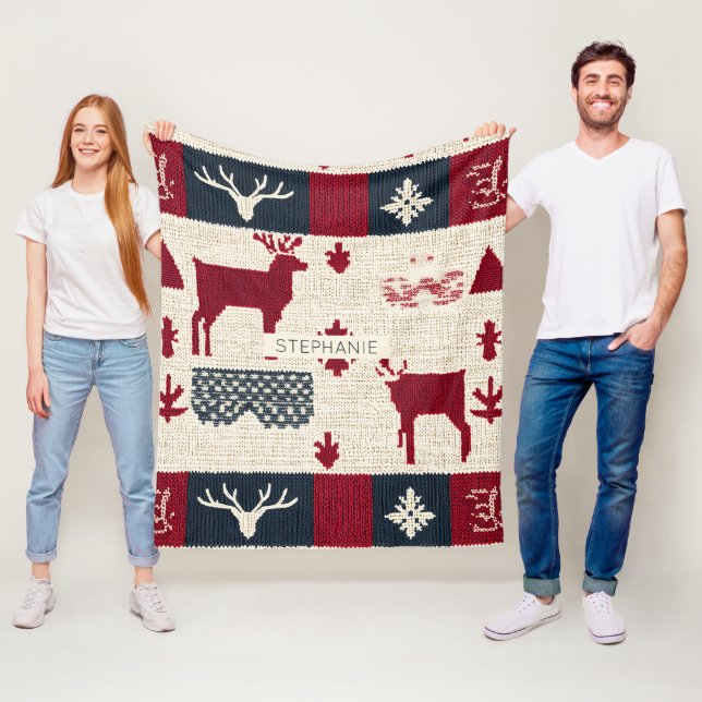 Nordic Christmas Patchwork | Knitted Reindeer (2) Fleece Blanket (In Situ)