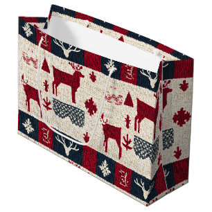 Nordic Christmas Patchwork   Knitted Reindeer (2) Large Gift Bag