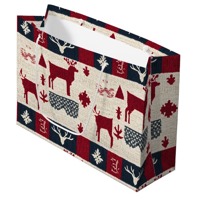 Nordic Christmas Patchwork | Knitted Reindeer (2) Large Gift Bag (Front Angled)
