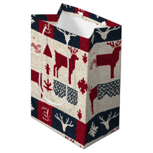 Nordic Christmas Patchwork Knitted Reindeer (2) Medium Gift Bag
