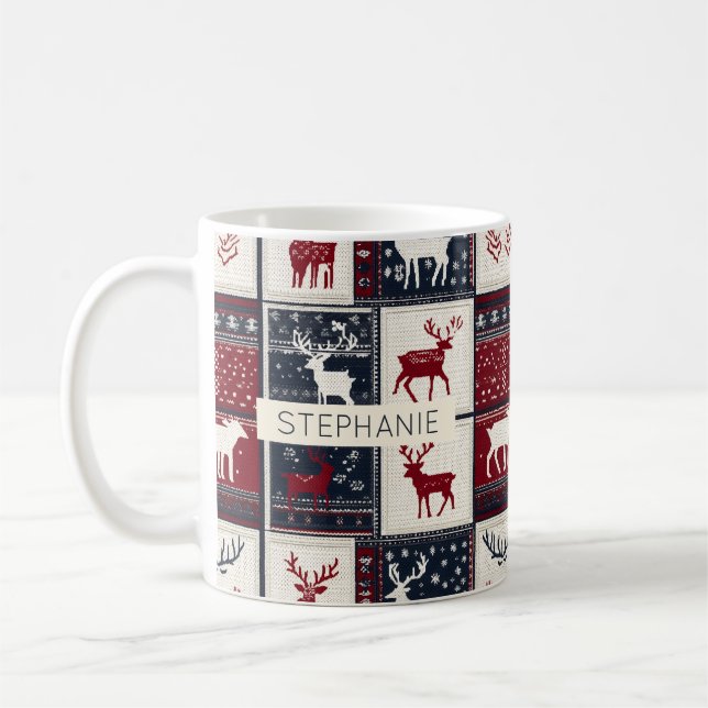 Nordic Christmas Patchwork | Knitted Reindeer Coffee Mug (Left)