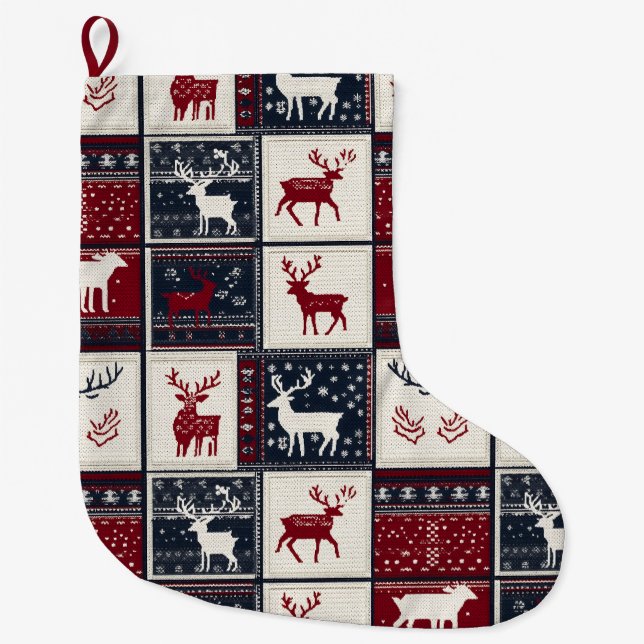 Nordic Christmas Patchwork | Knitted Reindeer Large Christmas Stocking (Front)