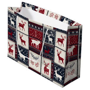 Nordic Christmas Patchwork Knitted Reindeer Large Gift Bag