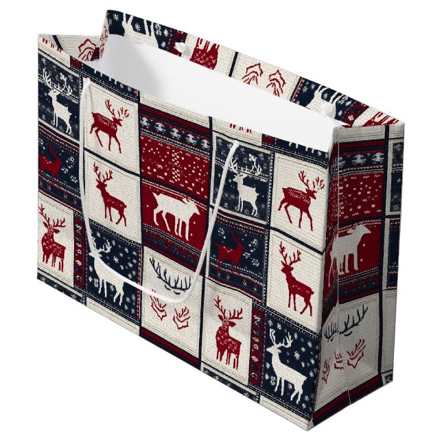 Nordic Christmas Patchwork | Knitted Reindeer Large Gift Bag (Front Angled)