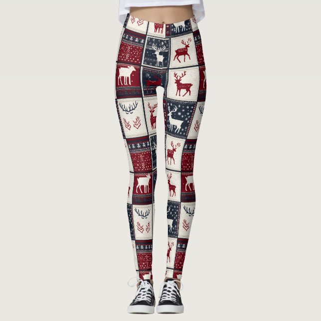 Nordic Christmas Patchwork | Knitted Reindeer Leggings (Front)