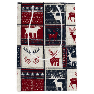 Nordic Christmas Patchwork Knitted Reindeer Medium Gift Bag