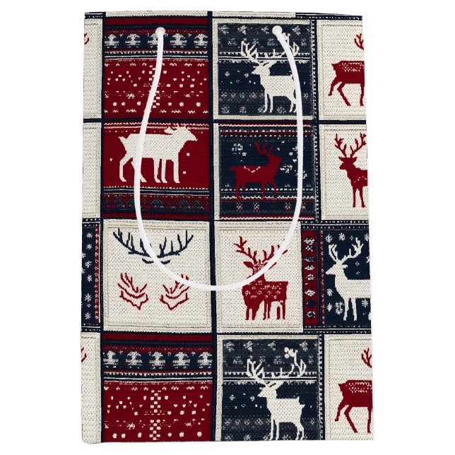 Nordic Christmas Patchwork | Knitted Reindeer Medium Gift Bag (Front)