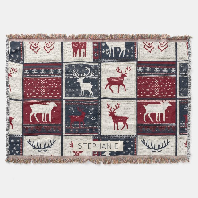 Nordic Christmas Patchwork | Knitted Reindeer Throw Blanket (Front)
