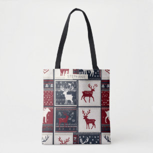 Nordic Christmas Patchwork   Knitted Reindeer Tote Bag