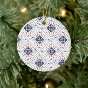 Nordic Christmas Pattern, Snowflakes and Reindeer Ceramic Ornament
