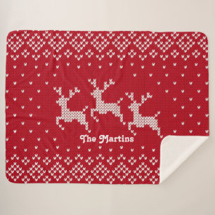 Nordic Christmas Reindeer Red & White Personalised Sherpa Blanket