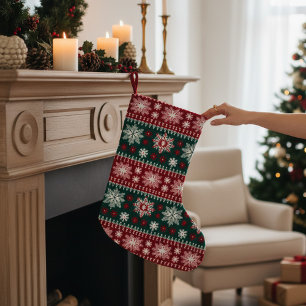 Nordic Christmas Snowflake Faux Knitted Pattern Small Christmas Stocking