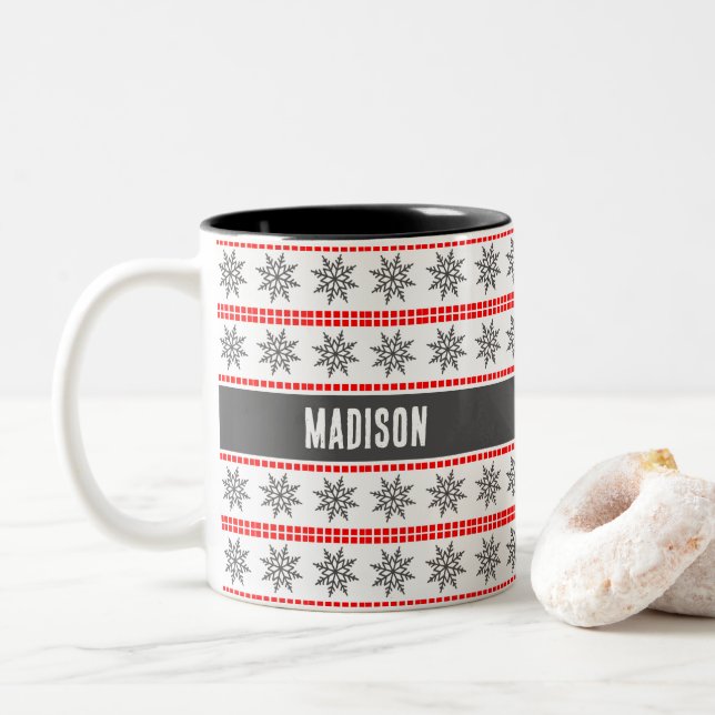 Nordic Christmas snowflake pattern grey red white Two-Tone Coffee Mug (With Donut)