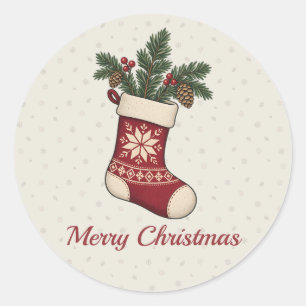 Nordic Christmas Stocking with Pine and Berries Classic Round Sticker