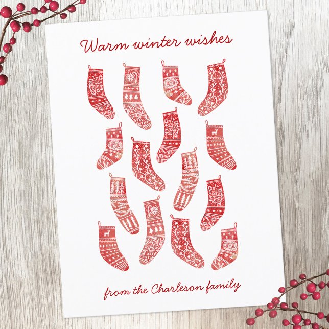 Nordic Christmas Stockings Holiday Postcard (Nordic Christmas Stockings red and white personalized holiday postcard)