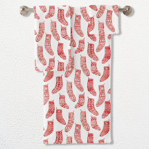 Nordic Christmas Stockings Red and White Pattern Bath Towel Set