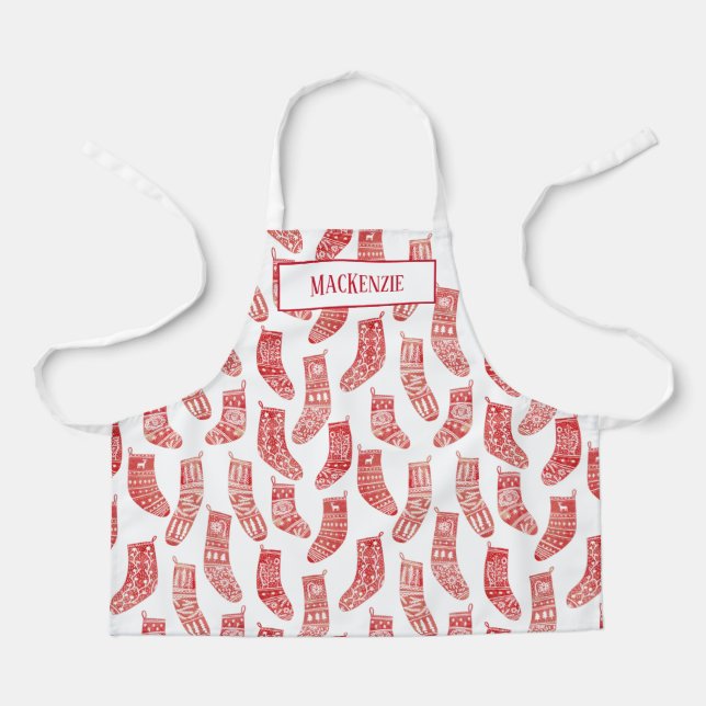 Nordic Christmas Stockings Red & White Custom Name Apron (Front)