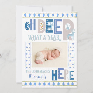 Nordic Christmas Trees Blue 3 Photo Holiday Birth Announcement