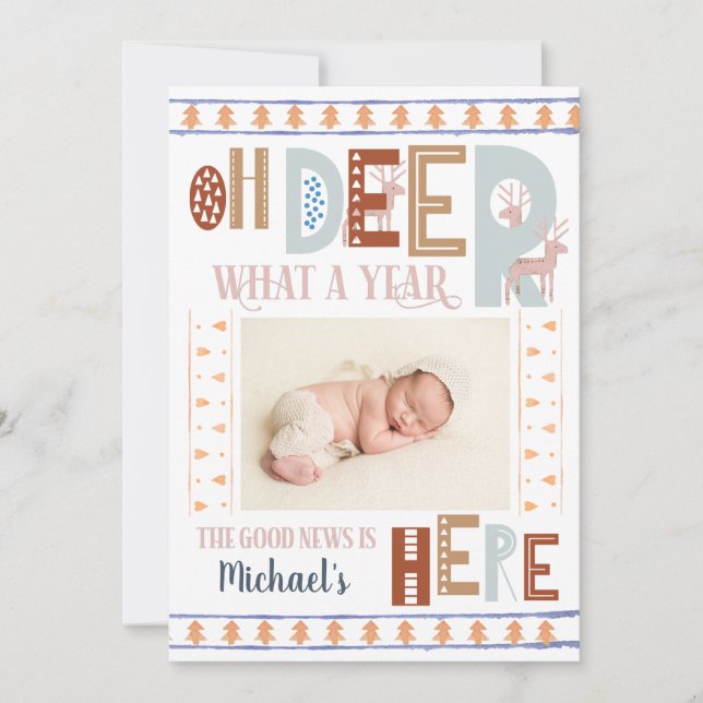 Nordic Christmas Trees Boho 3 Photo Holiday Birth Announcement (Front)