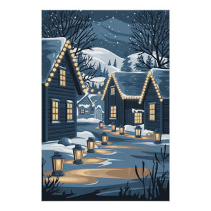 Nordic Christmas Village Art Scandinavian Winter Poster