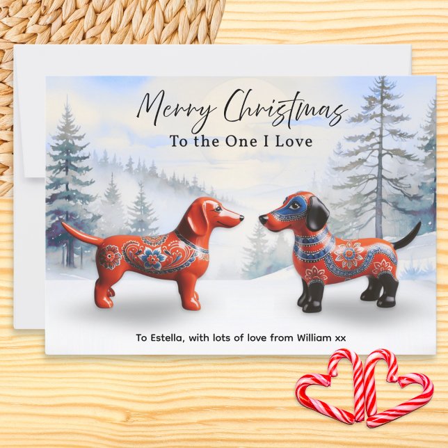 Nordic Dachshunds Snow Personalised Christmas Holiday Card (A Christmas card to 'The One I Love' in Nordic style, featuring two decorated dachshunds in the snow)