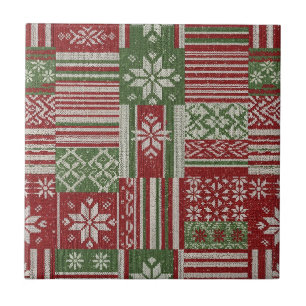 Nordic Fair Isle Christmas Red Green Knit Ceramic Tile