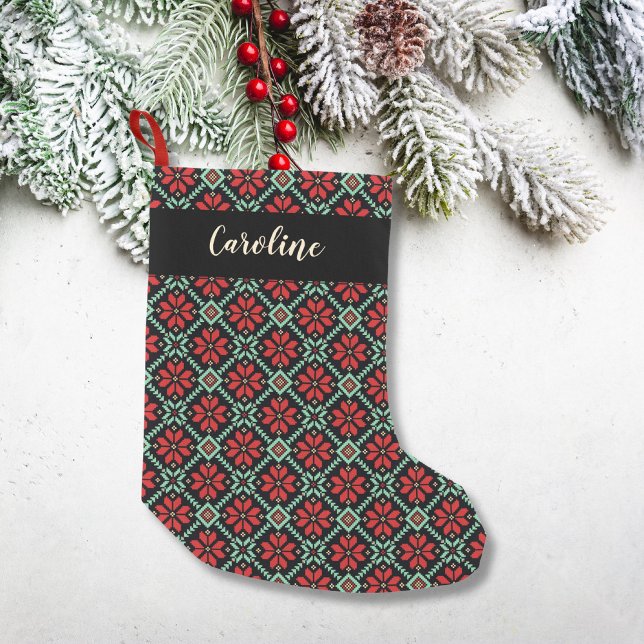 Nordic Floral Poinsettia Red Green Black Custom Small Christmas Stocking (Creator Uploaded)