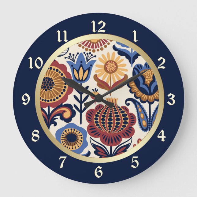 Nordic Flower Folk Art Pattern Large Clock (Front)