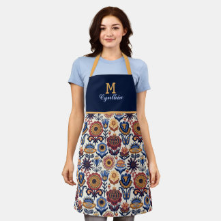 Nordic Flower Folk Art Pattern Monogram Apron